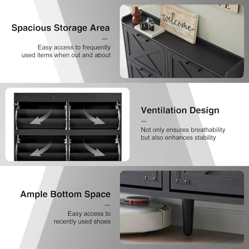 Barnyatoh Shoe Storage Cabinet,Farmhouse Shoe Organizer with 4 Flip Drawers & Barn Door Design,Freestanding Hidden Slim Narrow Shoe Rack Cabinet for Entryway,Foyer,Hallway,Black - color: Black, size: 4-Drawers