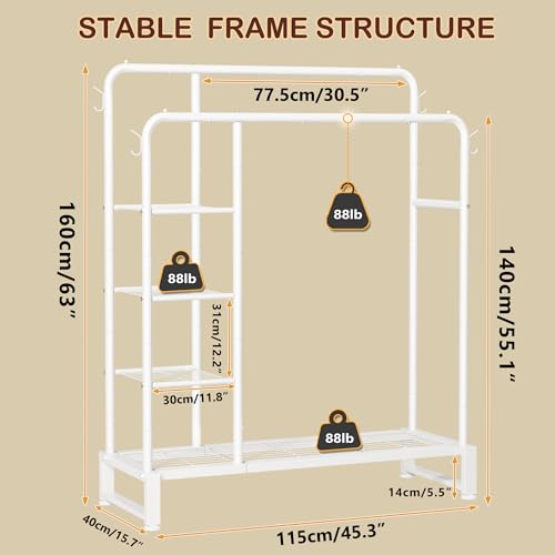 Double Rods Clothes Rack Clothing Rack with 4 Tier Storage Shelves Clothes Rack for Hanging Clothes Multifunctional Heavy Duty Clothes Organizer with Hooks for Bedroom,Wardrobe Closet,Shop,White - color: White