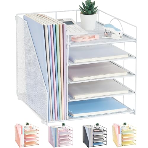 LEKETREE Desk Organizers and Accessories, 5-Tier Paper Letter Tray Organizer with File Holder, Desktop Organizer for Office Supplies (White) - color: White, size: 12" x 12" x 12"