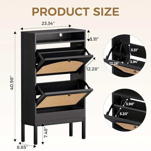 LUCKLIFE Shoe Cabinet with Charging Station, Flip Down Shoe Storage Organizer with Adjustable Shelves, Hidden Slim Shoe Rack with Anti-Tip Kit for Entryway or Hallway, Black Wood