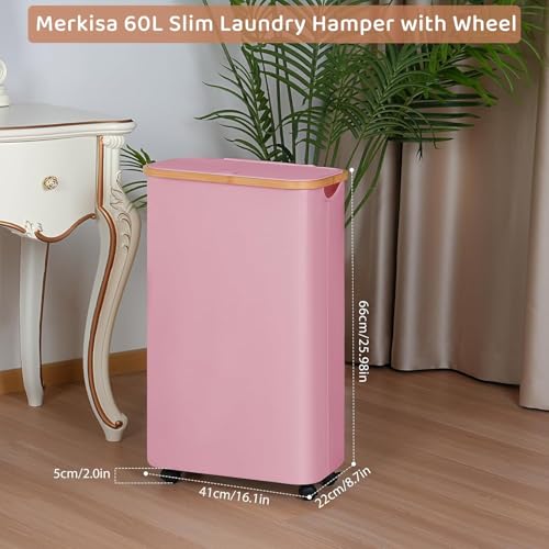 Slim Laundry Basket with Wheels,Narrow Hampers for Laundry,Freestanding Laundry Hamper with Lid&Bamboo Handles,Collapsible & Waterproof Tall Cloth Hamper for Dorm Family(60L Pink) - color: Pink, size: 60L with Wheels