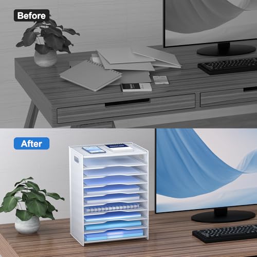 OUTWOLF 10 Tier Paper Organizer - Letter Tray Mesh Desk File Organizer with Handles for Office School Desktop, White - color: White