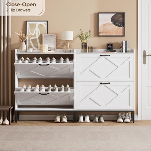 Nicetree Shoe Cabinet with 2 Flip Drawers, Freestanding Shoe Organizer, Shoe Cabinet with Metal Legs, Narrow Shoe Rack Cabinet for Entryway, Foyer, Hallway, White - color: Alabaster, style: 2-Drawers