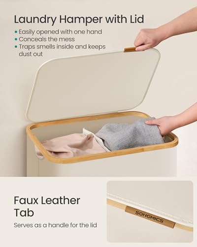 SONGMICS Laundry Hamper, Laundry Basket with Lid, Foldable Storage Basket, Bamboo Frame, for Bedroom, Living Room, Oxford Fabric, 37 Gal. (140 L), Cream White ULCB519WD01 - color: Cream White, size: 140 L (2-Section)
