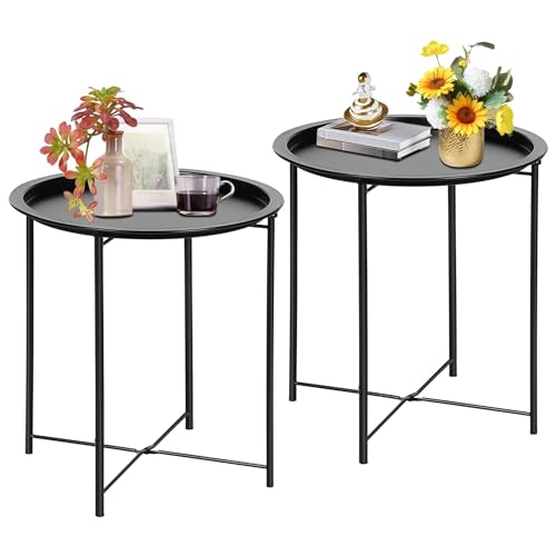 VECELO Side/End Table, Folding Round Metal Anti-Rust and Waterproof Outdoor or Indoor Tray for Living Room Bedroom Balcony and Office, 2 PCS, Black - color: Black, size: 2 PCS