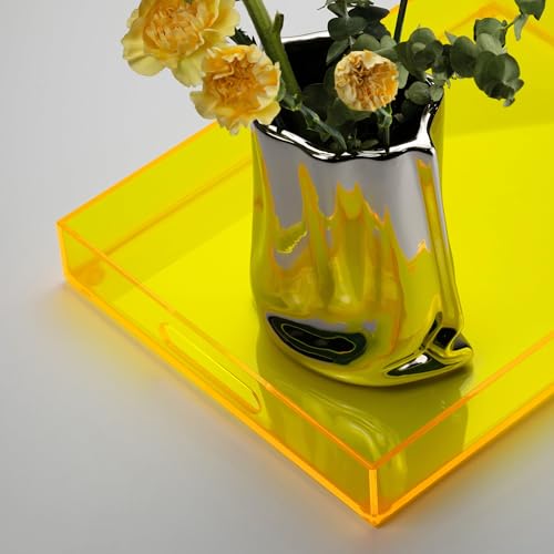 ATZYmolin 16"x12" Large Acrylic Serving Tray Decorative Ottoman Coffee Table Vanity Tray Tea Fruit Platter Snack Appetizer Dessert Drink with Handles for Bar Kitchen Party, Neon Yellow - color: Neon Yellow - Medium