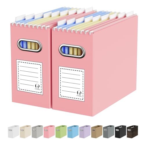 Oterri File Organizer Box, Portable Collapsible Cardboard File Folder Organizer with Handle for Letter Size Hanging Files, Document Storage Box for Home Office & Classroom (2 Packs, Pink) - color: Pink, size: Letter Size - 2 Packs