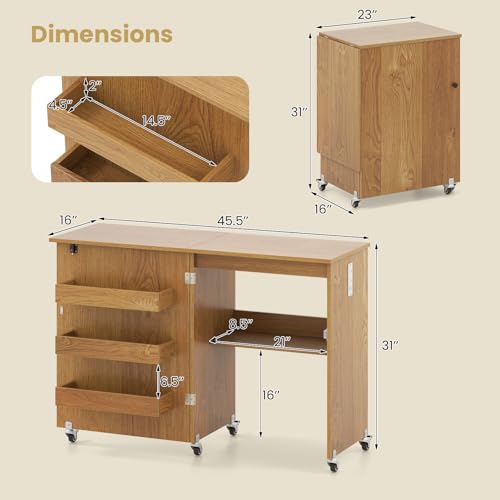 Giantex Folding Sewing Table with Charging Station, Rolling Craft Table with Storage Trays & Shelf, Foldable Sewing Machine Cabinet Desk with Lockable Wheels for Small Spaces (Natural) - color: Natural