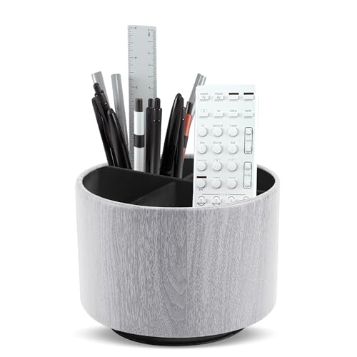 Round Leather Art Supply Organizer,Remote Control Holder,360 Degree Spinning,Multi-Functional Pencil Holder,4 Compartments Desktop Stationary Organizer(1-Thin Wood Grey) - color: 1-Thin Wood Grey