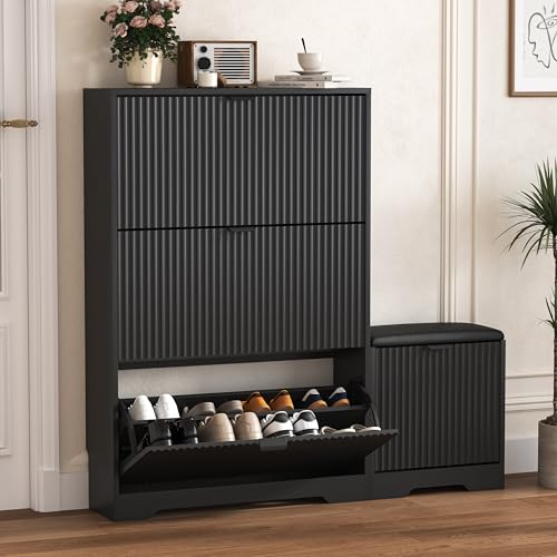 HUANLEGO Shoe Cabinet Storage for Entryway with 4 Flip Drawers, Black Fluted Shoe Cabinet with Bench, Wooden Hidden Shoe Rack Freestanding Narrow Slim Shoes Storage Organizer for Hallway, Entrance - color: Black, size: 4 Drawer with Bench