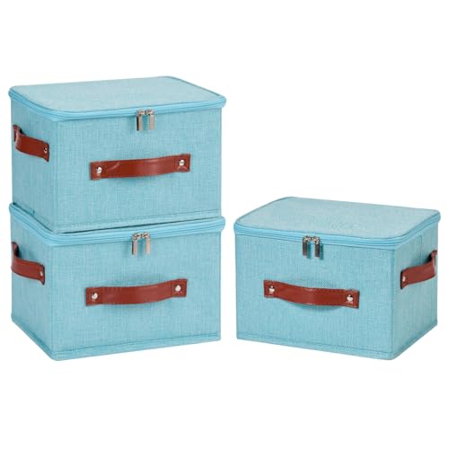 3PCS Storage Bins Boxes with Zippered Lids Cotton Linen Fabric Decorative Basket PU Leather Handles PP Plastic Board Foldable Lidded Clothing Shelf Closet Organizer Container (Blue, Small) - color: Blue, size: Small ( Pack of 3 )