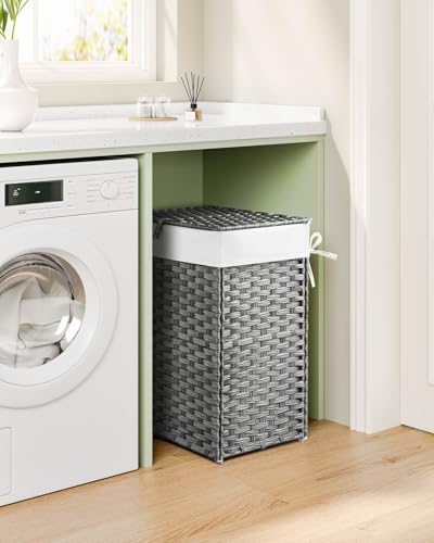 Greenstell Laundry Hamper with Lid, 125L Laundry Basket with 2 Removable Liner Bags & 2 Mesh Bags, Handwoven Synthetic Rattan Clothes Hamper for Clothes, Toys in Bathroom, Bedroom, Foldable, Grey - color: Gray, size: 125L (25.6 x 13.0 x 23.6 inches)