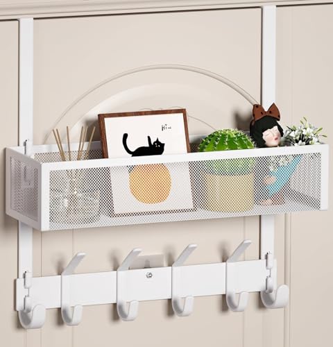 Over The Door Hooks Organizer, Over The Door Towel Rack with Mesh Basket, 10 Coat Hooks and 2 Wreath Hangers, Bathroom Door Organizer Back of Door Hanger for Bedroom, Kitchen(White) - color: White, size: 1 Basket