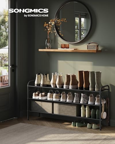 SONGMICS Shoe Rack, 3-Tier Shoe Organizer, Fabric Shoe Shelf Storage with 4 Hooks, Holds up to 18 Pairs of Shoes, Height-Adjustable Shoe Rack for Entryway, Hallway, Closet, Easy Assembly, Ink Black - color: Ink Black, size: 3 Tier (20.8"H)