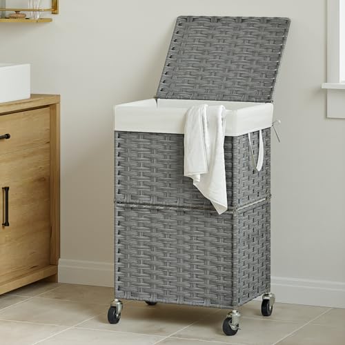 Chrislley 90L Slim Laundry Hamper with Wheels, Rolling Laundry Basket with Lid and Renovable Liner Bag, Handwoven Rattan Organizer for bedroom, bathroom, laundry room (Grey) - color: Grey