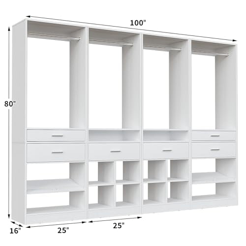 Unikito Closet System, 8.3FT Closet Organizer with 6 Wooden Drawers, Hanging Rods, Adjustable Shoe Rack and Cube Storage, Easy Assembly Wardrobe Tower, Set of 4, White - color: White, size: 100 Inch