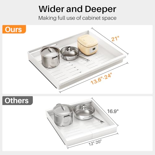 Pull out Cabinet Organizer, 1-Pack Expandable(13.6"-24") Silde out Drawers with Raising Pad for Framed Cabinets, Adjustable Full-Extension Adhesive Roll out Shelves for Kitchen Pantry Home Pot and Pan - color: White, size: (13.6''-24'')Wide-21''Deep (1Pac