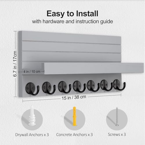 Lwenki Key Holder Wall Mount, Entryway Key and Mail Holder with 7 Sturdy Hooks for Sunglasses, Dog Leash, Decorative Wall Shelf with Mounting Hardware, 15”W x 6.7”H x 4.2”D (Gray) - color: Gray
