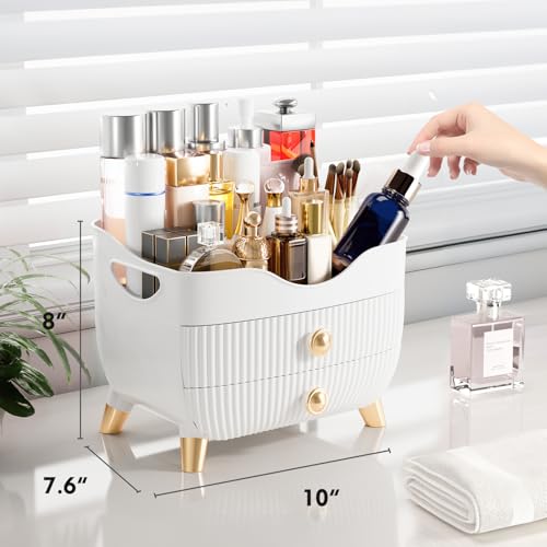 Makeup Organizer Countertop, Large Capacity Skincare Cosmetic Organizer for Vanity with 2 Drawers, Cosmetic Display Cases Makeup Storage Box for Bedroom, Bathroom, Ideal Gifts for Women(White) - color: White