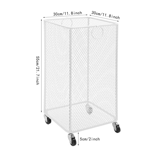 Metal Laundry Storage Cart - Square, Mesh Wire Rolling Laundry Hamper with Wheels & Ring Handles, Clothes or Linen Storage Organizer Hamper Bin Laundry Basket, 12"L x 12"W x 22"H, White - color: White, size: Square - 12"W