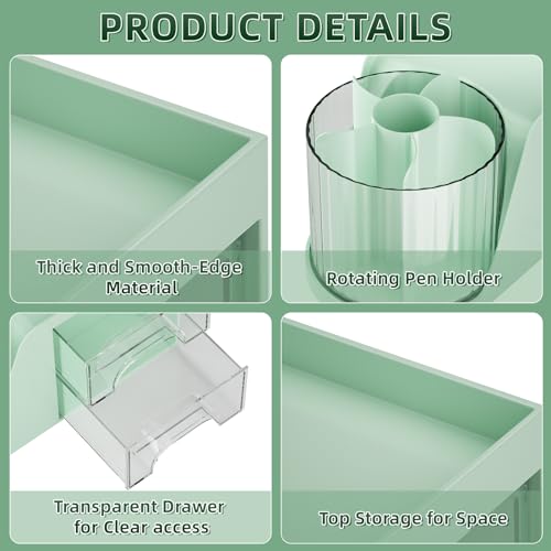 Marbrasse Desk Organizer with 2 Drawer, 360°Rotating Pen Holder, Desk Organizers and Accessories with 6 Slots Pencil Holder + 2 Drawer, Art Supply Storage Box Caddy for Office (Green) - color: Green