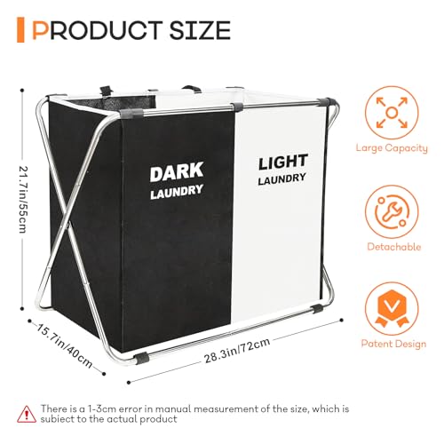 Laundry Cloth Hamper Sorter Basket Bin Foldable 2 Sections with stainless steel Frame Washing Storage Dirty Clothes Bag for Bathroom Bedroom Home Storage Basket (Black+white, 2 Sections) - color: Black+white, size: 2 Sections
