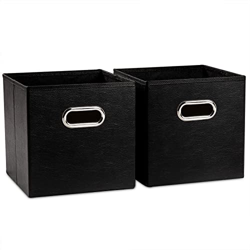 PRANDOM Leather Foldable Cube Storage Bins 11x11 inch [2-Pack] Fabric Storage Baskets Cubes Drawer with Cotton Handles Organizer for Shelves Nursery Closet Bedroom Clothes Black - color: Black, size: 11x11 in(2-Pack)