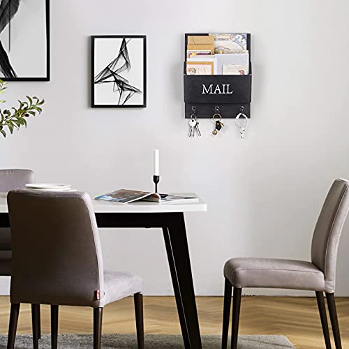 DLQuarts Mail Organizer with Key Holder for Wall, Mail Sorter Wall Mounted, Decorative Wooden Key and Mail Holder with 3 Hooks, Black - color: Black