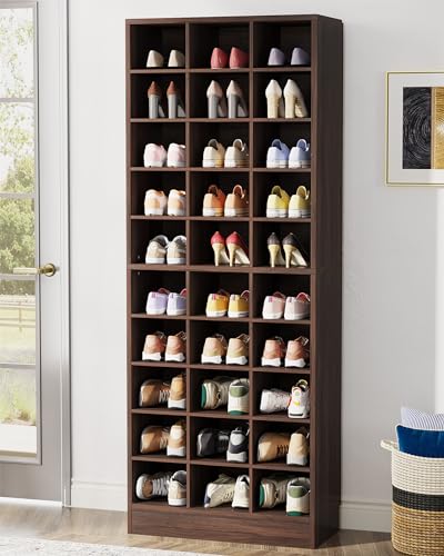 Tribesigns 10-Tier Shoe Storage Cabinet, Espresso Wooden Shoe Rack with 30 Cubbies, Freestanding Tall Entryway Shoe Organizer for Closet, Entryway, Living Room - color: Espresso