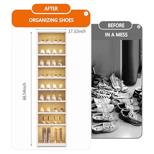 Foldable Shoe Rack Organizer for Closet 9 Tier-18 Pairs Stackable Shoe Storage Cabinet, Collapsible Sneaker Shelf with Doors, Shoe Organizer with Lids Large for Living Room, Entryway - size: 9 Tiers 18 Pairs
