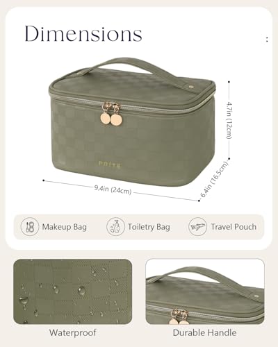 Prite Makeup Bag, Large Capacity Portable Travel Cosmetic Bag, Waterproof Makeup Organizer for Women with Handle and Divider (001 Checkered Green) - color: 001 Checkered Green