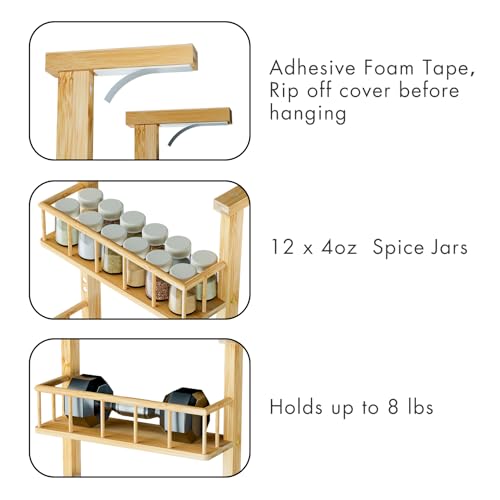 Hanging Spice Rack for Refrigerator - 3 Tier Bamboo Kitchen Counter Shelf Organizer for Can Seasoning Storage, Adhesive to Fridge & Pantry Side