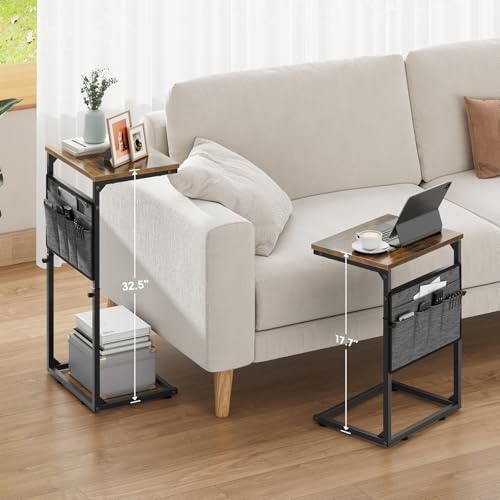 Vagusicc C Shaped End Table, Small Side Table for Couch, Adjustable Height Sofa Table with Metal Frame for Living Room, 33'' Tall Side Table for Couch, Bedroom, Bedside, Rustic Brown and Black - color: Rustic Brown