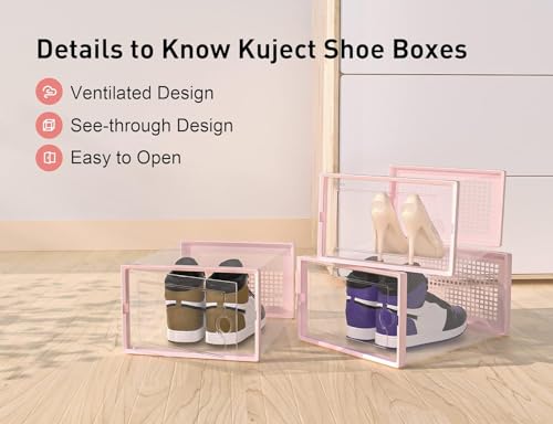 Kuject X-Large Shoe Storage Boxes Organizers Clear Plastic Stackable 12 Pack, Shoe Rack & Holder Substitute, Sneaker Containers, Toy Storage Organizer Bins for Entryway, Closet, Under Bed, Pink - color: Pink, size: X-Large