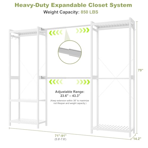 Homykic Bamboo Closet System, 71"-91" Expandable Clothing Rack with 5 Hanger Rods & Shelves, 6.6ft Tall Garment Rack Organizer for Walk-in Closet Bedroom, Max Load 850LBS, Easy to Assemble, White - color: White, size: 91"Wx14.2"Dx79"H