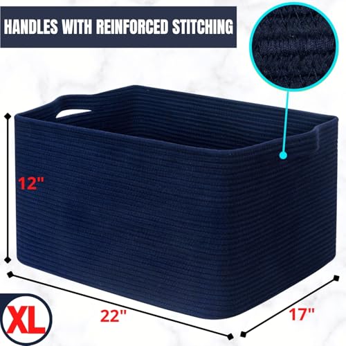 MINTWOOD Design 22in Extra Large Blanket Basket Holder Living Room, Rectangle Rope Woven Storage Basket with Handles for Laundry, Pool Towels, and Shoes, Dog Toy Organizer Bin Box, Full Navy - color: Full Navy Blue