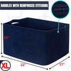 MINTWOOD Design 22in Extra Large Blanket Basket Holder Living Room, Rectangle Rope Woven Storage Basket with Handles for Laundry, Pool Towels, and Shoes, Dog Toy Organizer Bin Box, Full Navy - color: Full Navy Blue