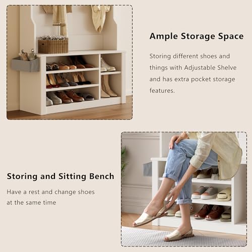 Aiho Hall Tree with Bench and Shoe Storage, 3-in-1 Entryway Hall Tree, with Adjustable Shoe Storage, for Entryway, Hallway, White - color: White