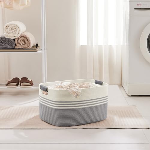 45L Small Laundry Basket with Leather Handles for Living Room Storage, Woven Rope Baskets Bin for Blanket, Kids Toy, Gifts, Wicker Hamper for Bedroom Dirty Clothes, 18"x14"x11" White Grey - color: Grey, size: 45L