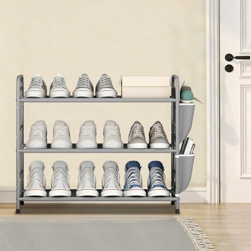 3 Tier Shoe Rack with Side Pockets, Shoe Organizer Space Saver Storage for 7-9 Pairs Shoes Storage Shelf Sturdy Free Standing Metal Long Shoe Holder Organizer for Closet, Entryway Grey - color: Grey, size: 3 Tier