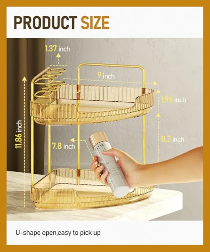 EUHOME 2-Tier Corner Bathroom Counter Organizer Makeup Cosmetic Storage, Tool-Free Installation Acrylic Vanity Shelf, Skin Care Organizer Perfume Tray for Countertop Bathroom, Dresser, Kitchen (Gold) - color: Gold, size: 9" x 9" x 11.8"