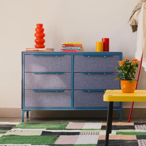 tinge Naima Premium Fabric Dresser - Strong Metal Frame, 6 Spacious Sag-Proof Drawers with Sleek Metal Handles - Premium & Durable Storage Solution for Your Home (Navy) - color: Ocean Blue (Navy), size: 14"D x 39.5"W x 28"H (6 Drawers)