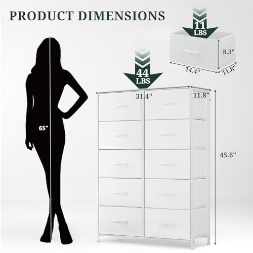 10-Drawer Dresser for Bedroom, Anti-Tip Tall Storage Organizer Chest of Drawers with Wooden Top and Metal Frame Fabric Bins for Closet, Living Room, Hallway, Entryway, White - color: White, size: 11.8"D x 31.4"W x 45.6"H (10 Drawers)