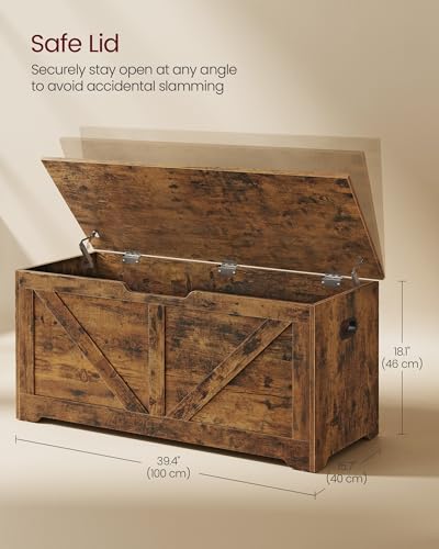 VASAGLE Storage Chest, Storage Trunk with 2 Safety Hinges, Storage Bench, Shoe Bench, Farmhouse Style, 15.7 x 39.4 x 18.1 Inches, for Entryway, Bedroom, Living Room, Rustic Brown ULSB060T01 - color: Rustic Brown, size: 39.4"W x 18.1"H, style: Farmhouse
