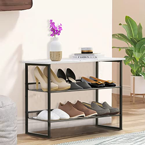 Garden 4 you Shoe Rack for Entryway 3 Tiers 11.8" D x 25" W x 20" H, Metal Shoe Rocks with White Wooden Tabletop, Angled Shoes Rack with Adjustable Mesh Shelves for Entryway Hallway Closet - color: Marble White, size: 3-Tiers