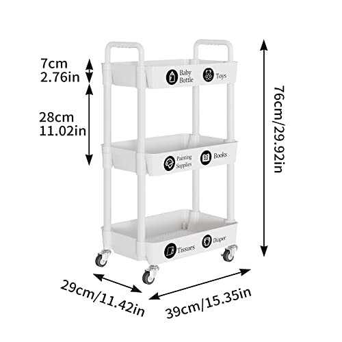 Laiensia 3-Tier Rolling Cart with Wheels,Multifunction Utility Storage Carts, Kitchen Storage Organizer,Mobile Shelving Unit for Bathroom,Laundry,with Classified Stickers,White - color: White, size: 3-Tier