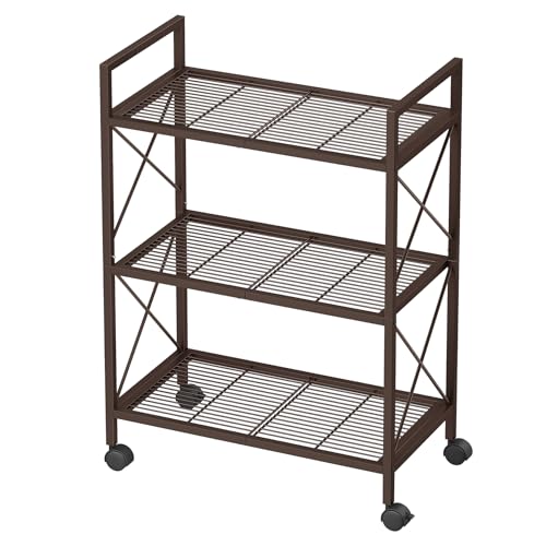 SONGMICS 3-Tier Metal Storage Rack with Wheels, Mesh Shelving Unit with X Side Frames, 23.6-Inch Width, for Entryway, Kitchen, Living Room, Bathroom, Industrial Style, Metallic Bronze UBSC163A01 - color: Metallic Bronze, size: 23.6"W