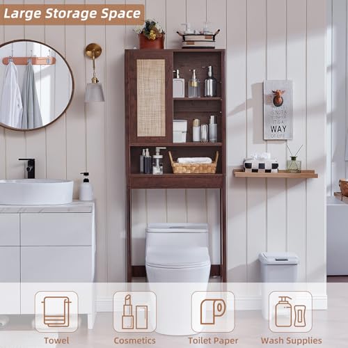 LEYAOYAO Rattan Over The Toilet Storage Cabinet, Farmhouse Over Toilet Bathroom Organizer with Sliding Door, 68" Tall Freestanding Washer Shelf with Adjustable Shelf & Curved Profile, Walnut - color: Walnut, size: 10"D×23.3"W×68"H