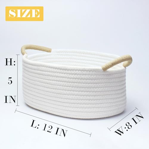 Yimi's Dream Gift Baskets Empty, Small Basket for Organizing, White Cotton Rope Basket with Handle for Decor, Baby Cat Dog Toy (Oval, 12"x 8"x 5") - color: white with brown handle, size: Oval - 12"x8"x5"