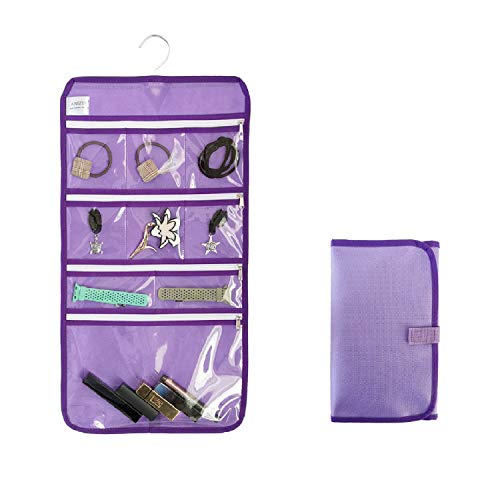 Travel Foldable Jewelry Rolls Bag Hanging Jewelry Organizer with 9 Zippered Clear Pockets Storage Pouch with Rotatable Hanger (PURPLE) - color: PURPLE